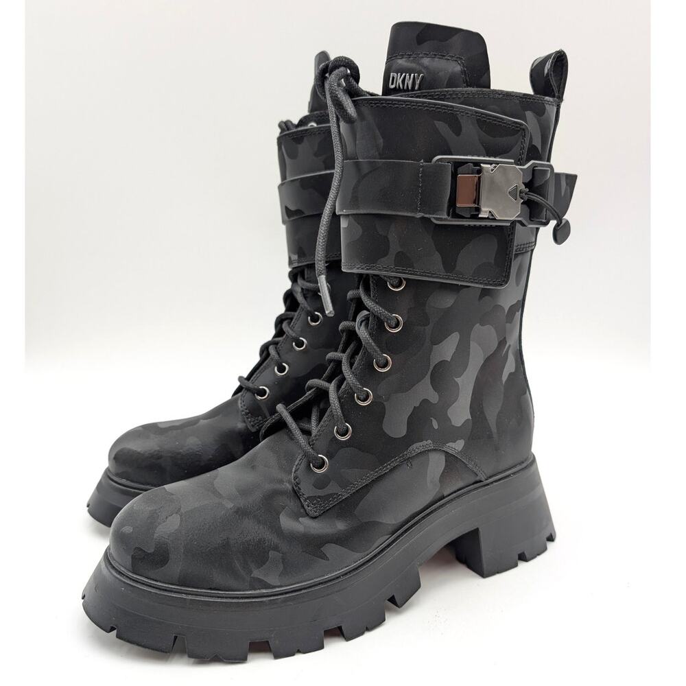 Dkny Sava Lace-Up Lug Sole Combat Boots Women's Black Camo Size US7M EU37.5